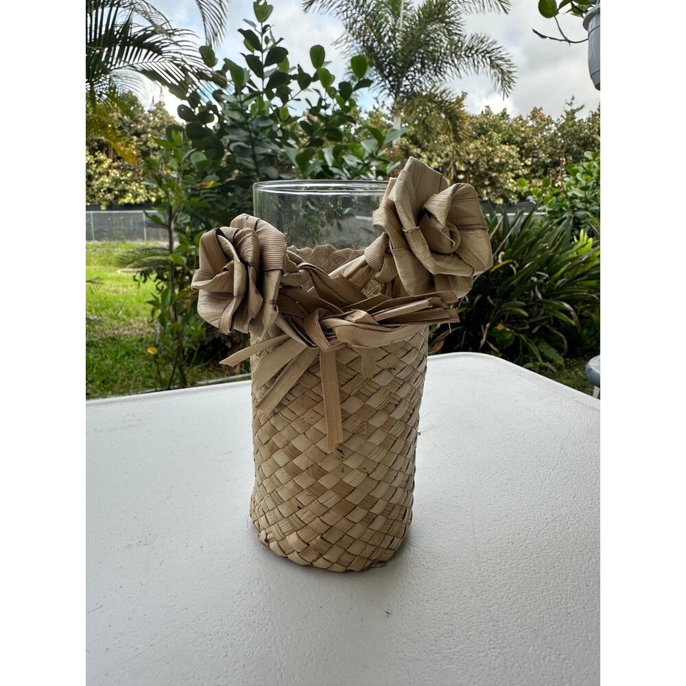 Handmade Traditional Hawaiian Polynesian Lauhala Wrap Weave Flower Rose Vase